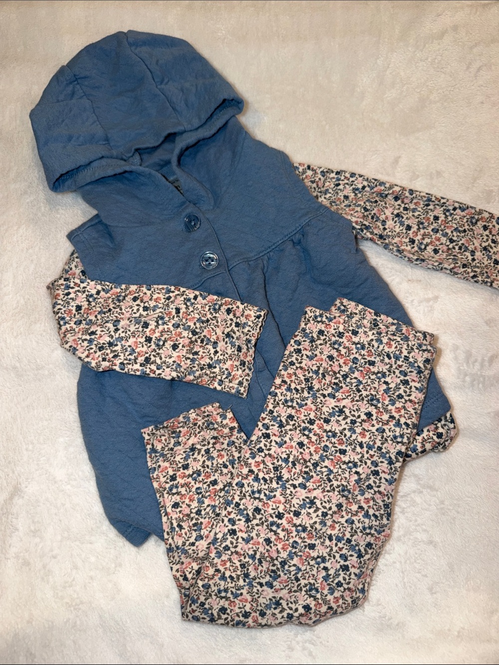 Carter's Light Blue Hooded Vest with Floral onesie and leggings 18m